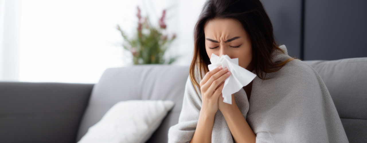 
                Mulher sentada no sofá, coberta com manta, assoando o nariz com lenço descartável, apresentando sintomas de gripe.
              